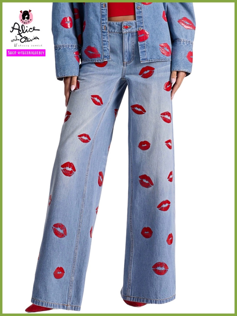 Alice + Olivia Amazing Low Rise Baggy Kiss Lips Blue Red Jeans